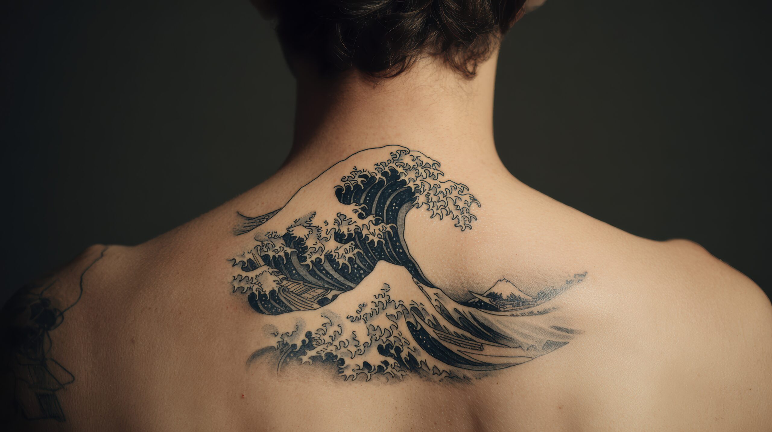 Tatouage d'une vague dans le haut du dos