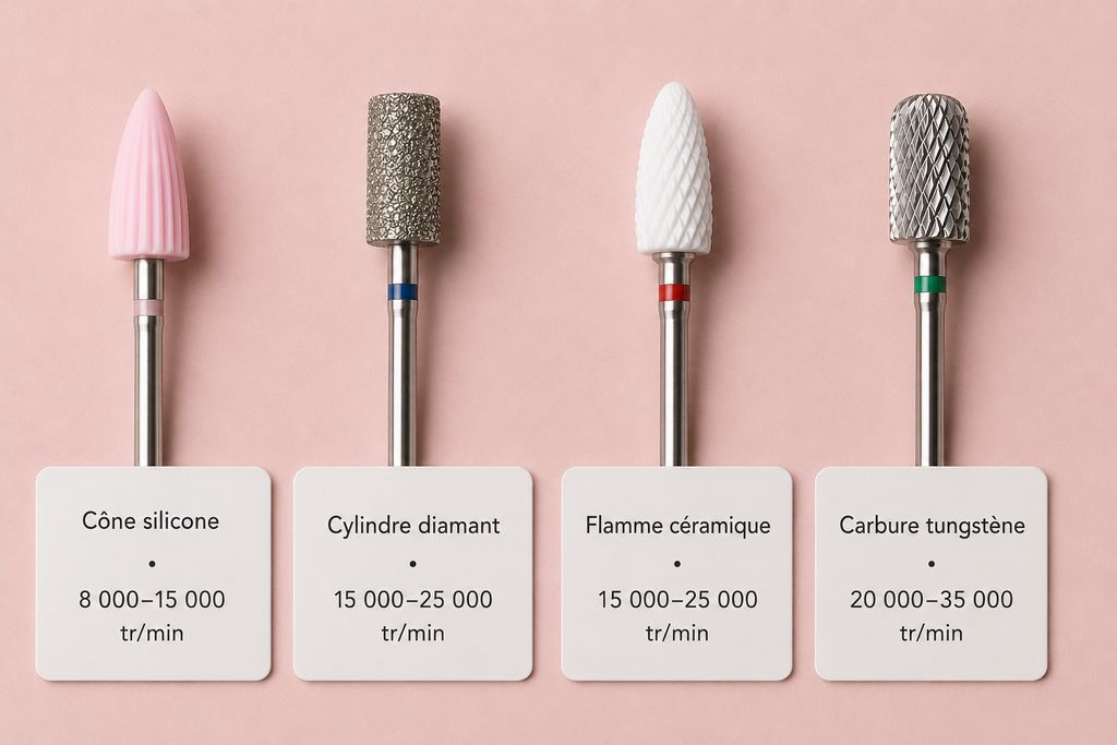 Quatre fraises de ponceuse à ongles classées par matière et vitesse recommandée, silicone, diamant, céramique, carbure
