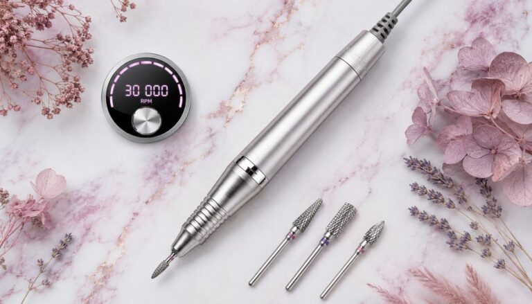 Ponceuse à ongles électrique professionnelle avec fraises carbure sur marbre blanc — guide puissance débutante