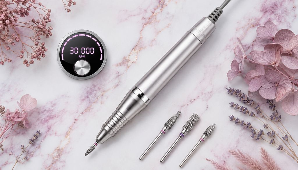 Ponceuse à ongles électrique professionnelle avec fraises carbure sur marbre blanc — guide puissance débutante