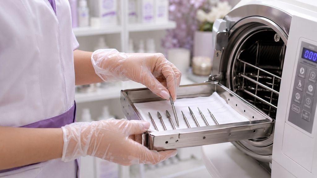 Prothésiste ongulaire plaçant des embouts de ponceuse stérilisés dans un plateau d'autoclave en salon professionnel