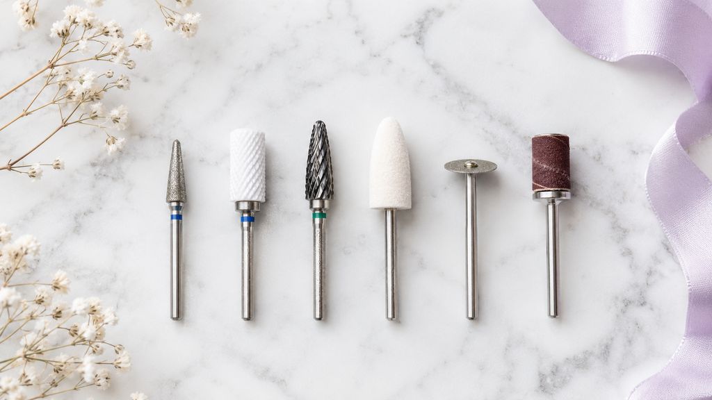 Collection de 6 embouts de ponceuse à ongles professionnels, cône diamant, cylindre céramique, flamme carbure, feutre, disque et manchon, sur marbre blanc
