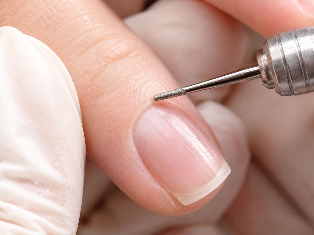 Gros plan sur un ongle naturel sain travaillé avec une fraise diamantée fine près de la cuticule, geste délicat à faible vitesse