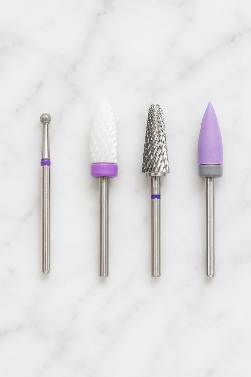 Quatre fraises de ponceuse à ongles posées sur marbre blanc : diamantée, céramique, carbure et silicone