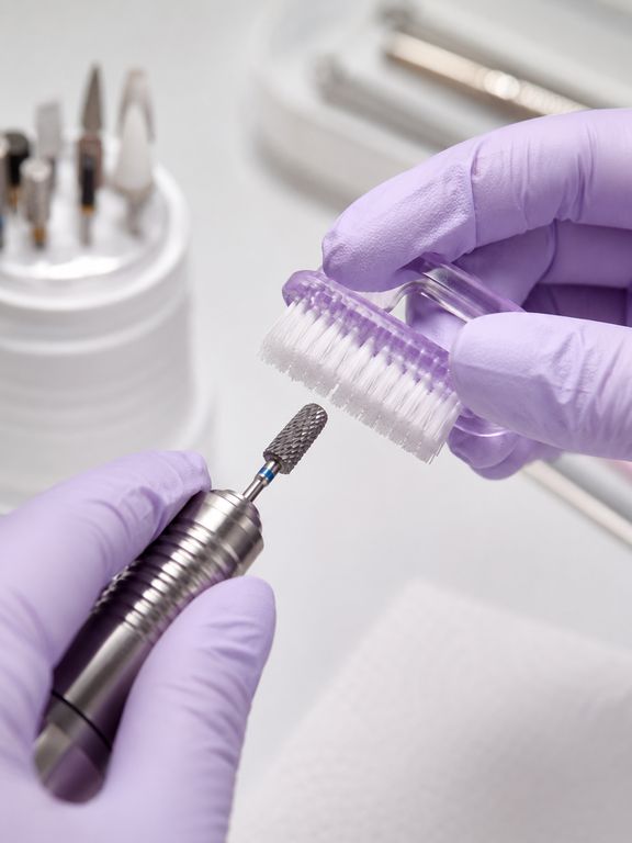 Nettoyage d'une fraise de ponceuse à ongles à la brosse après une séance, geste d'hygiène professionnelle en salon