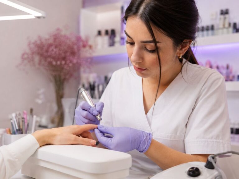 Prothésiste ongulaire utilisant une ponceuse électrique sur un ongle en gel, geste précis et sans pression, ambiance salon professionnel