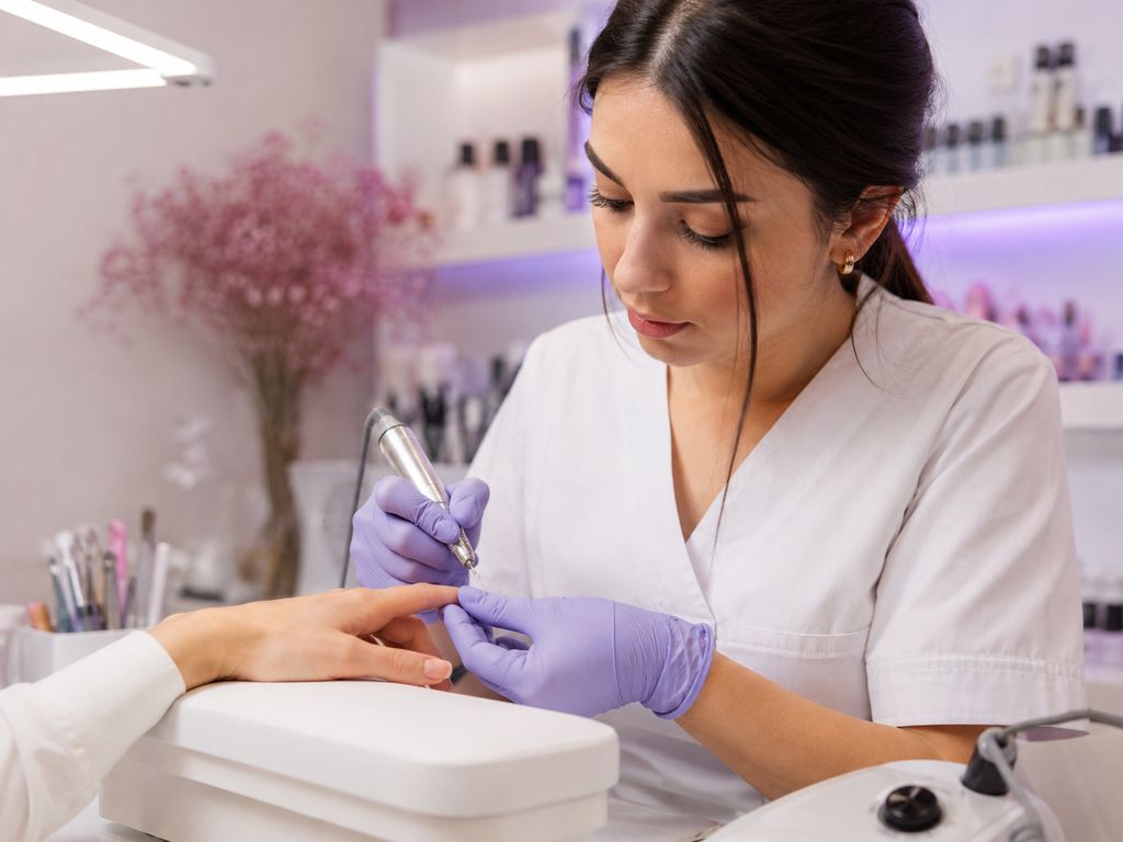 Prothésiste ongulaire utilisant une ponceuse électrique sur un ongle en gel, geste précis et sans pression, ambiance salon professionnel